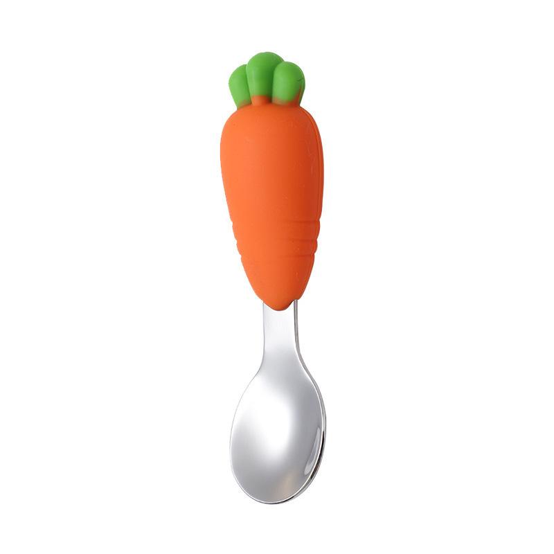 Metal spoon with a carrot-shaped silicone handle featured in My First Dining Set for babies and toddlers. 