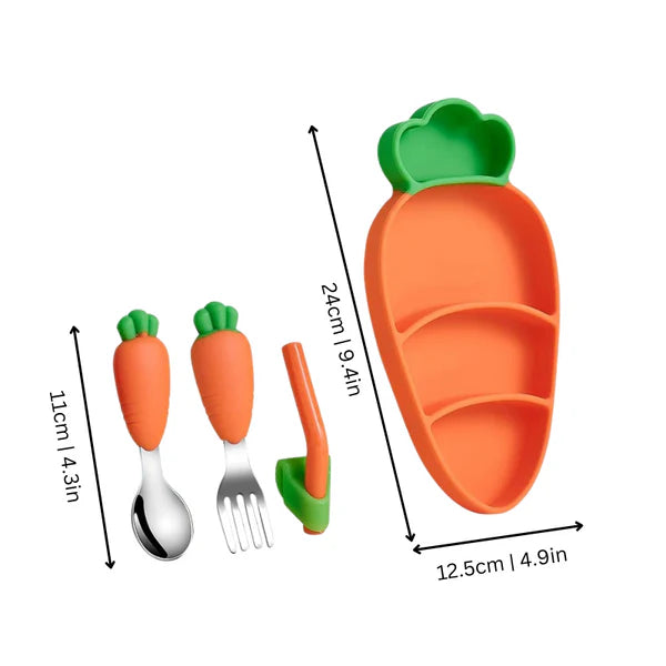 Dimensions of utensils and a plate from the "My First Dining Set". 