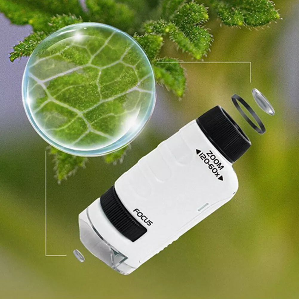 White pocket microscope for children with 120x zoom and focus option. 