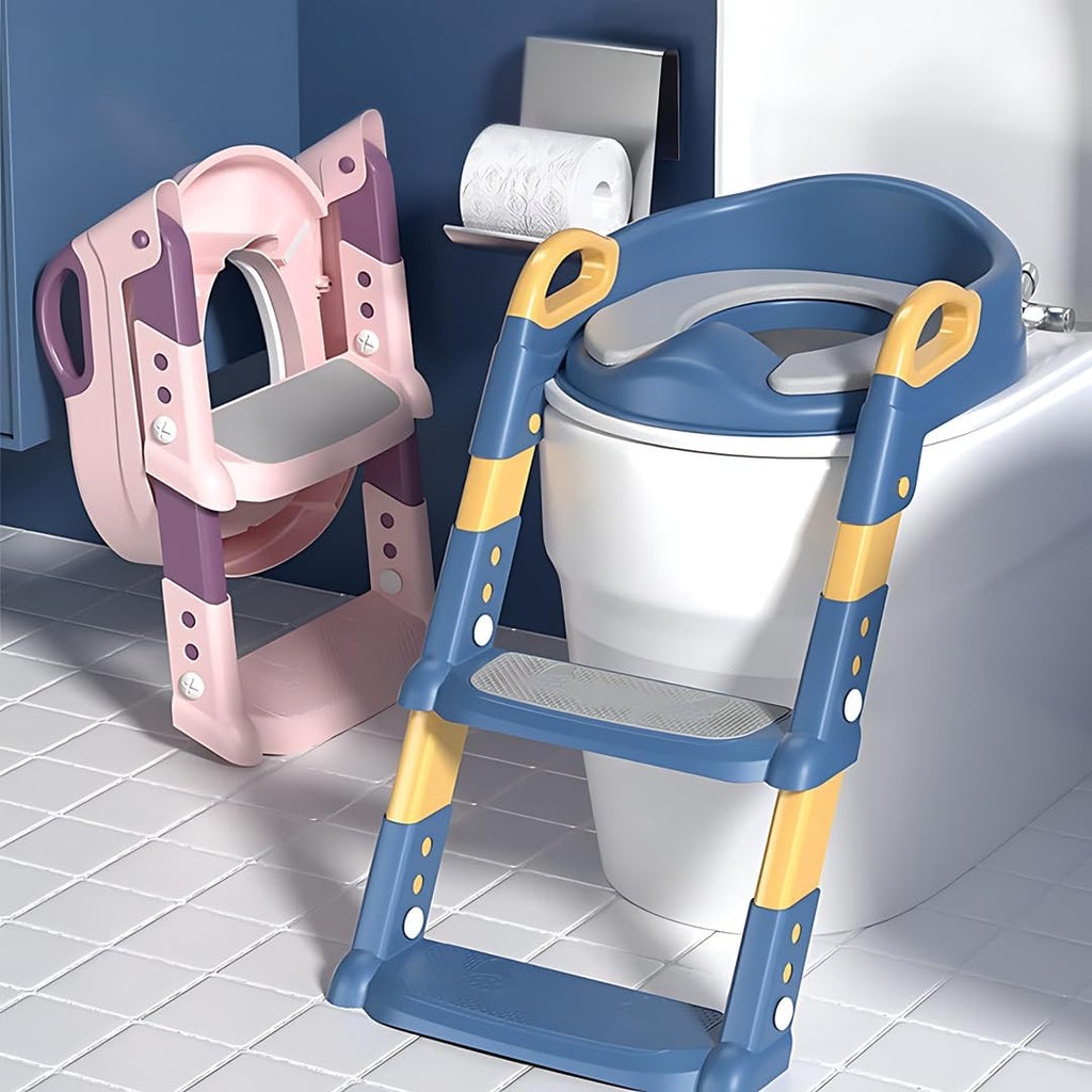 Pink and blue Potty Trainer toilet ladders designed to help children.