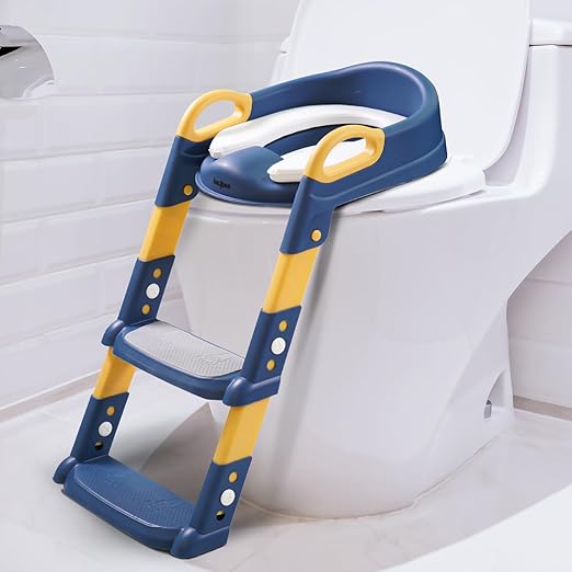 Blue potty trainer placed on a toilet. 