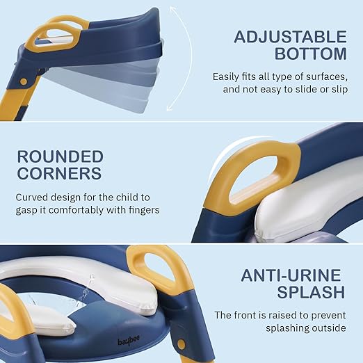 Infographic showcasing features of the Potty Trainer toilet ladder for kids.