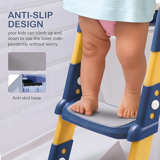 Close up on baby feet standing on the anti-slip step of the Potty Trainer ladder.