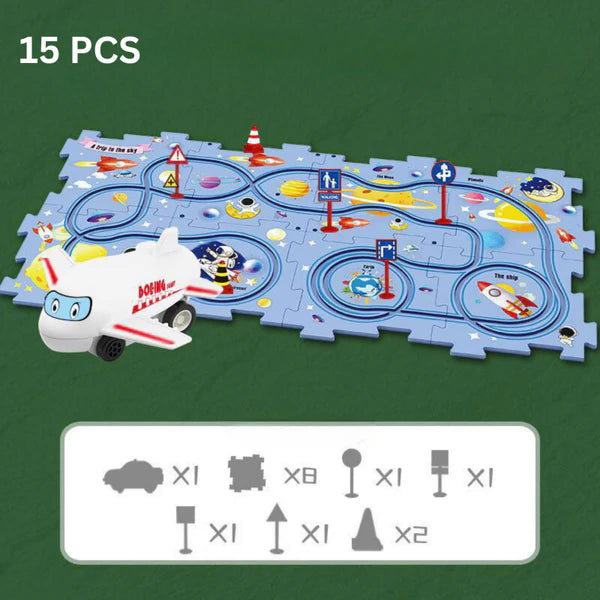 15-piece Puzzle Track Set by Smartoon Kids that includes one airplane toy, eight puzzle pieces, four traffic signs, and two traffic cones. 