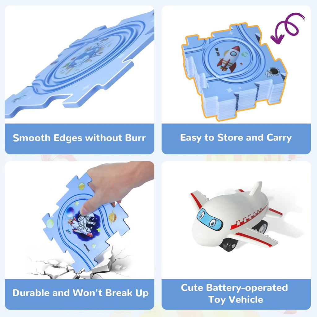 Infographic showcasing details and benefits of the Puzzle Track Set toy for kids.