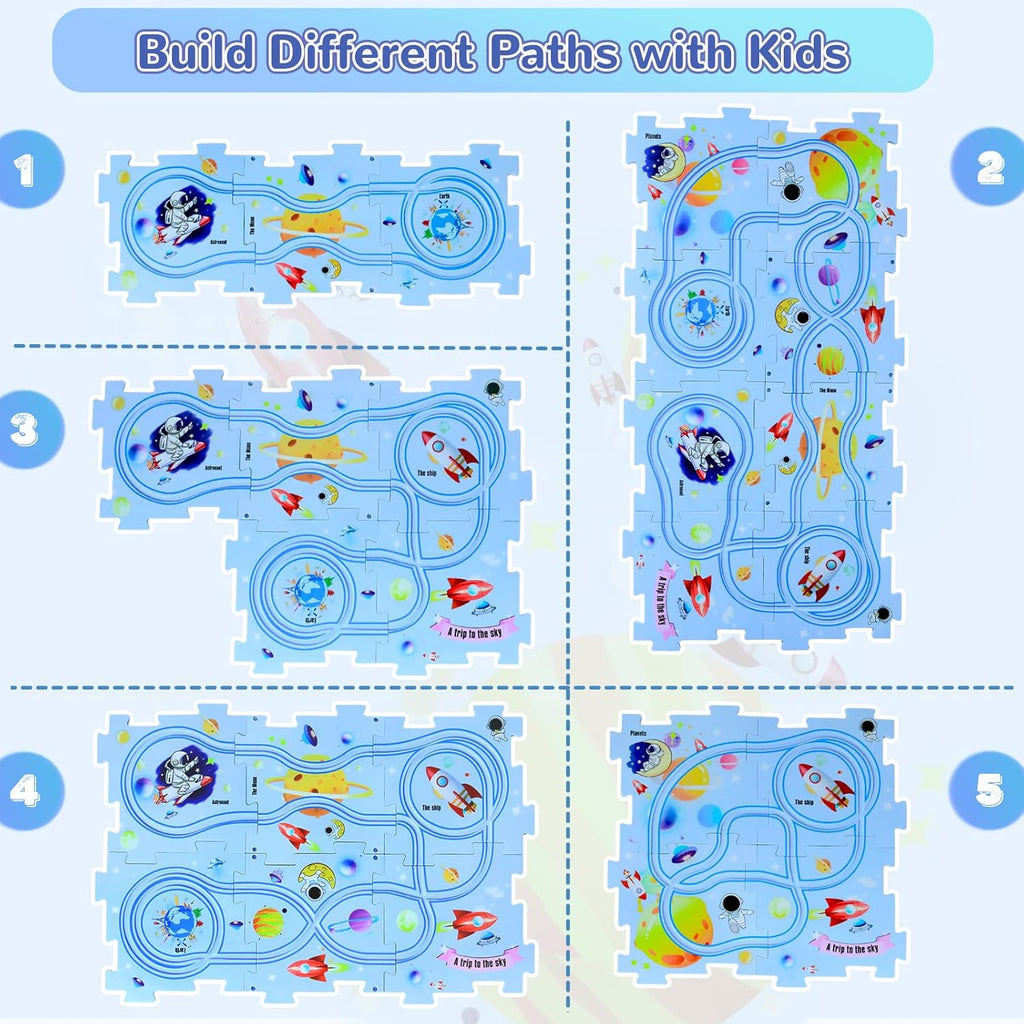 Infographic showing different tracks and ideas that kids can build with their Puzzle Track Set. 