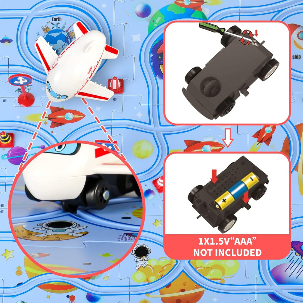 Infographic explaining how to add an AA battery to an airplane toy featured in the Puzzle Track Set. 