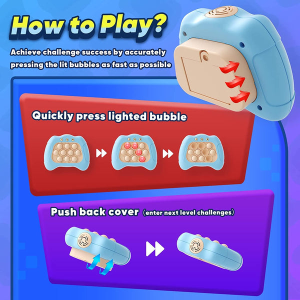 Instructions on how to play the Quick Push game. The image shows a sequence where players press the lit bubbles quickly and then push back the cover to progress to the next level. The console's battery compartment is also displayed.