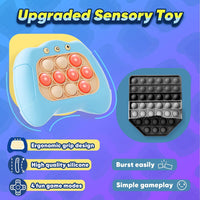 A comparison between the upgraded Quick Push sensory toy and a traditional pop-it toy. The Quick Push console features ergonomic grip design, high-quality silicone, and four fun game modes. The traditional pop-it toy is shown as fragile and simplistic in gameplay.