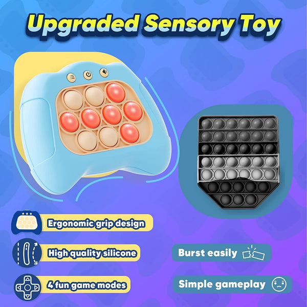 A comparison between the upgraded Quick Push sensory toy and a traditional pop-it toy. The Quick Push console features ergonomic grip design, high-quality silicone, and four fun game modes. The traditional pop-it toy is shown as fragile and simplistic in gameplay.