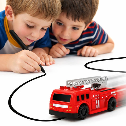 Two boys playing with the Trace Racers toy, featuring a battery powered car which runs on a track that kids draw themselves. 