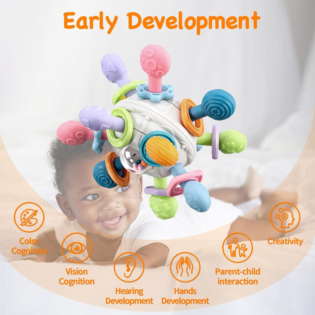 Infographic showcasing benefits of Sensory Teether toy, which include color recognition, visual recognition, hearing development, hand-eye movement, and creativity. 