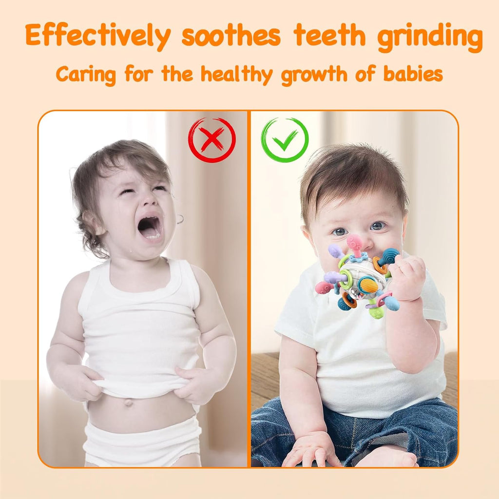 A comparison image showing a crying baby on the left with a red "X" and a happy baby on the right with a green checkmark, holding a colorful sensory teething toy. The text above highlights that the toy effectively soothes teeth grinding and promotes healthy growth for babies.