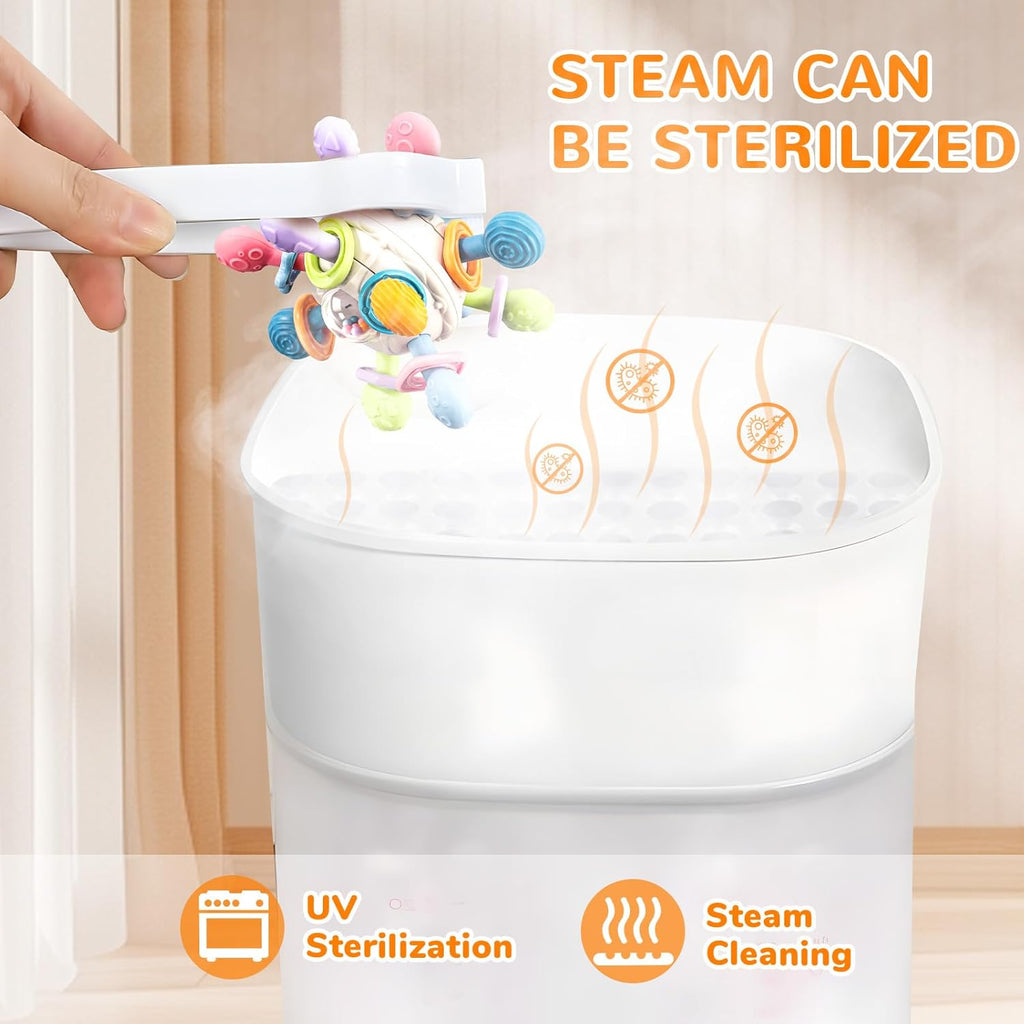 A hand holding a colorful sensory teething toy with tongs over a steam sterilizer. The image highlights that the toy can be sterilized using steam or UV sterilization, with steam cleaning icons and text emphasizing hygiene and safety.