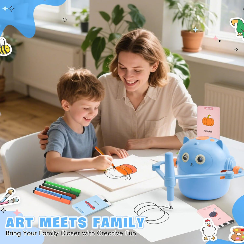 Mother and son drawing together next to a Smart SketchBot.
