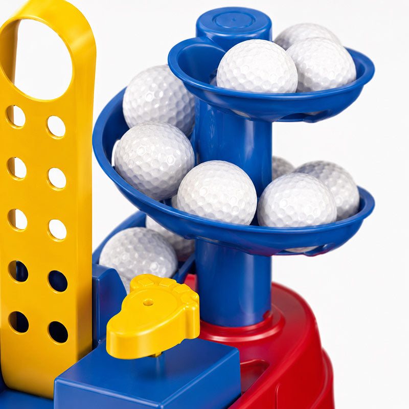 Golf ball launcher toy with spiral ball feeder holding multiple golf balls, automatic ball dispenser, and adjustable tee for swing practice.