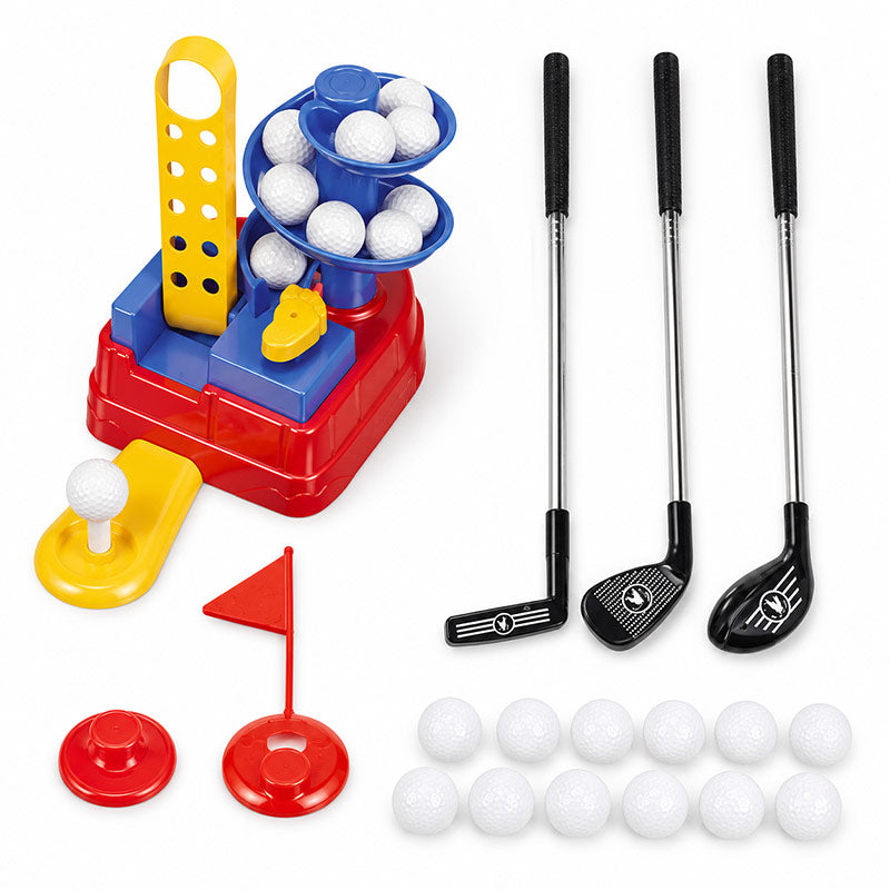 Kids golf training set including an automatic ball launcher, three golf clubs, 12 practice golf balls, two tees, and a flag target for beginner golf practice.