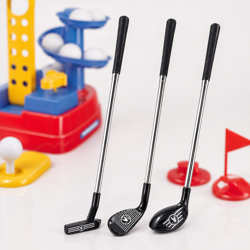 Junior Golf Coach toy featuring three clubs, 20 balls, and 2 tees.