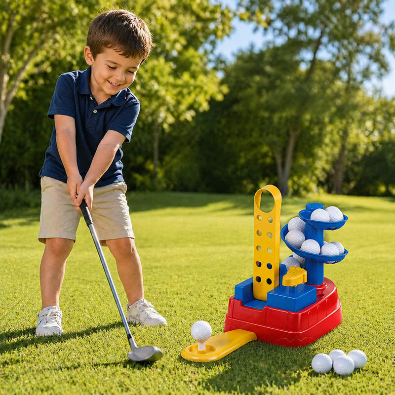 Little boy playing with an automatic launch golf toy.