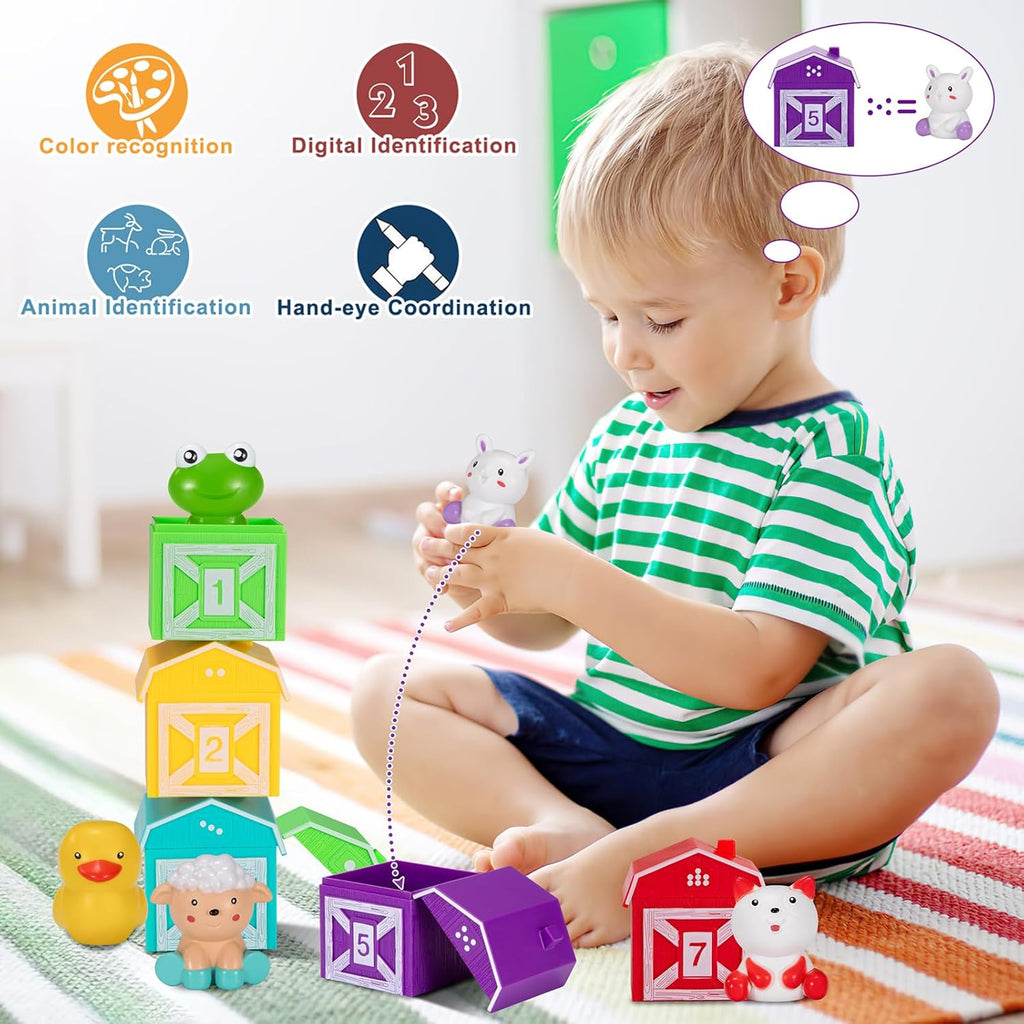 Infographic showcasing little boy playing with Smart Farm toy and blobs with text explaining educational benefits.