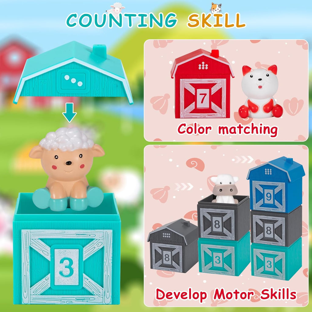 Educational farm-themed counting toy featuring colorful barn-shaped blocks with numbers and matching animal figures. The image highlights skills such as color matching, number recognition, and motor skill development through stacking and sorting activities.