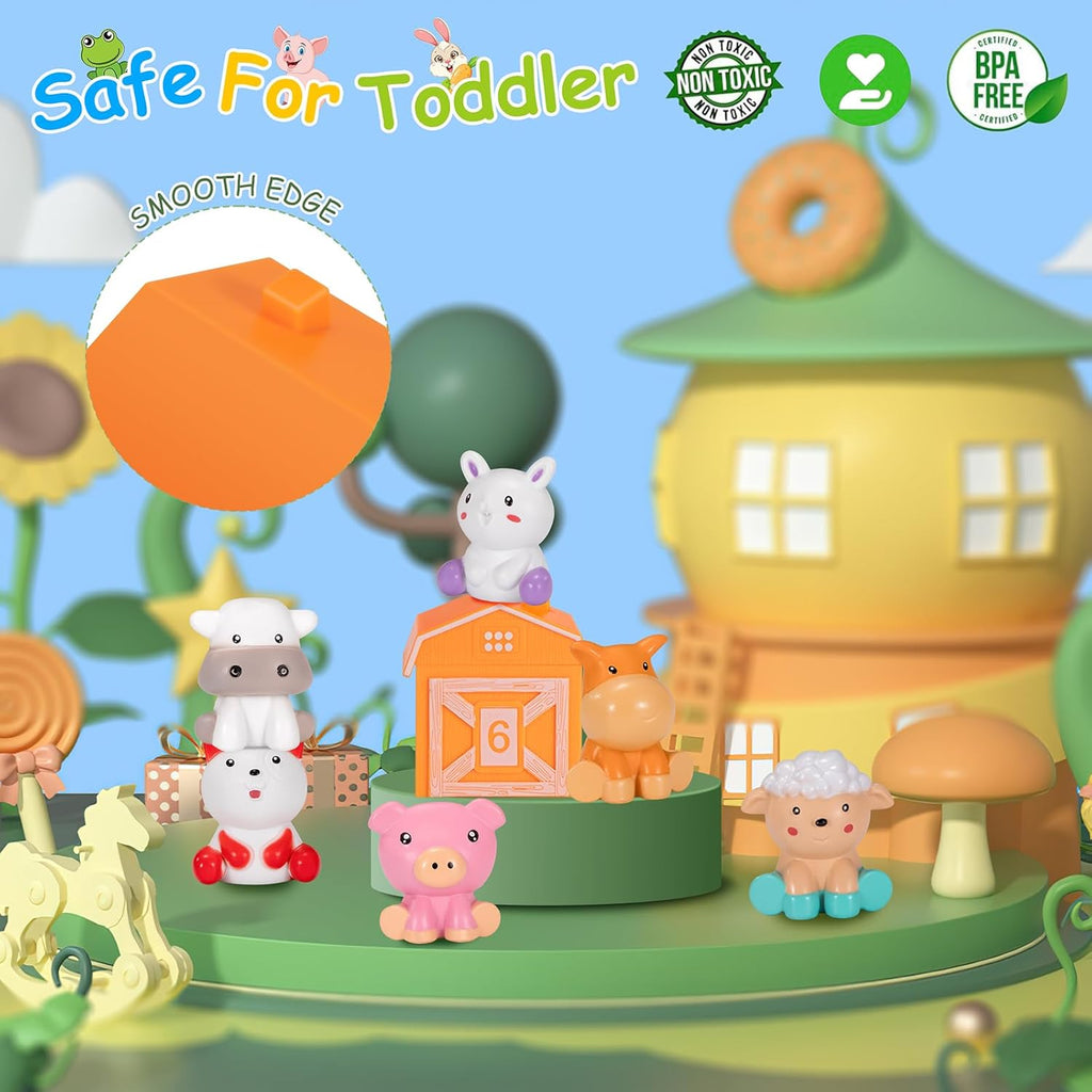 Safe and non-toxic farm-themed stacking toy set for toddlers, featuring colorful animal figures and numbered barn blocks. The image highlights smooth edges, BPA-free materials, and engaging play for early childhood development.