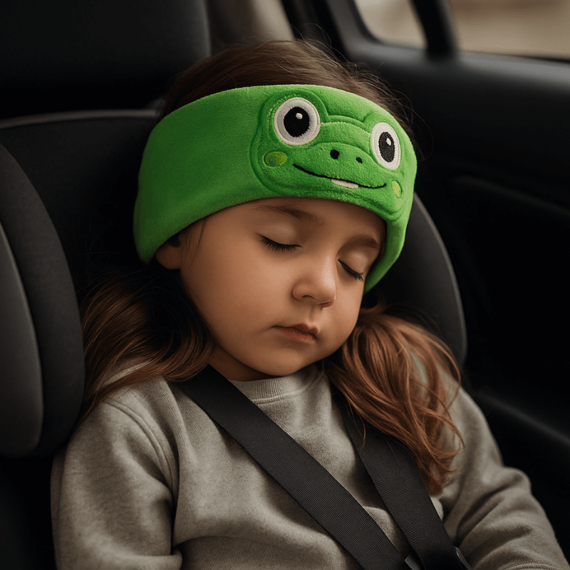 Little girl sleeping in the backseat while wearing a Crocodile SnuggleSounds headphones.