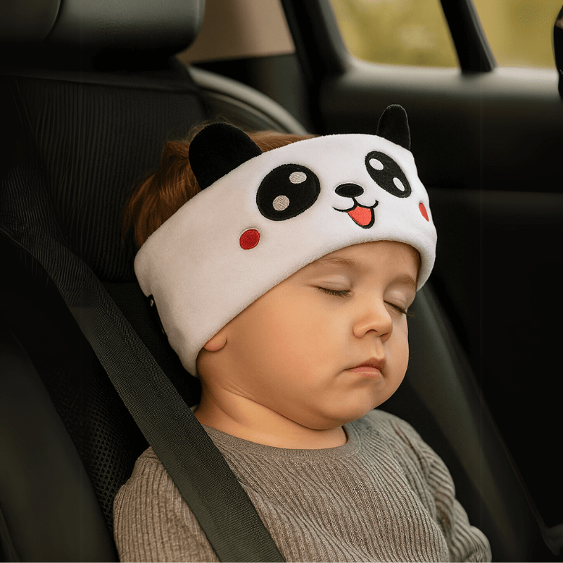 Toddler wearing a Panda SnuggleSounds while sleeping at the back of the car.