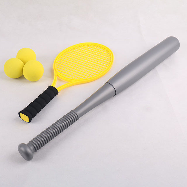 Three balls, a racket, and a baseball bat featured in the pitching machine toy by Smartoon Kids.