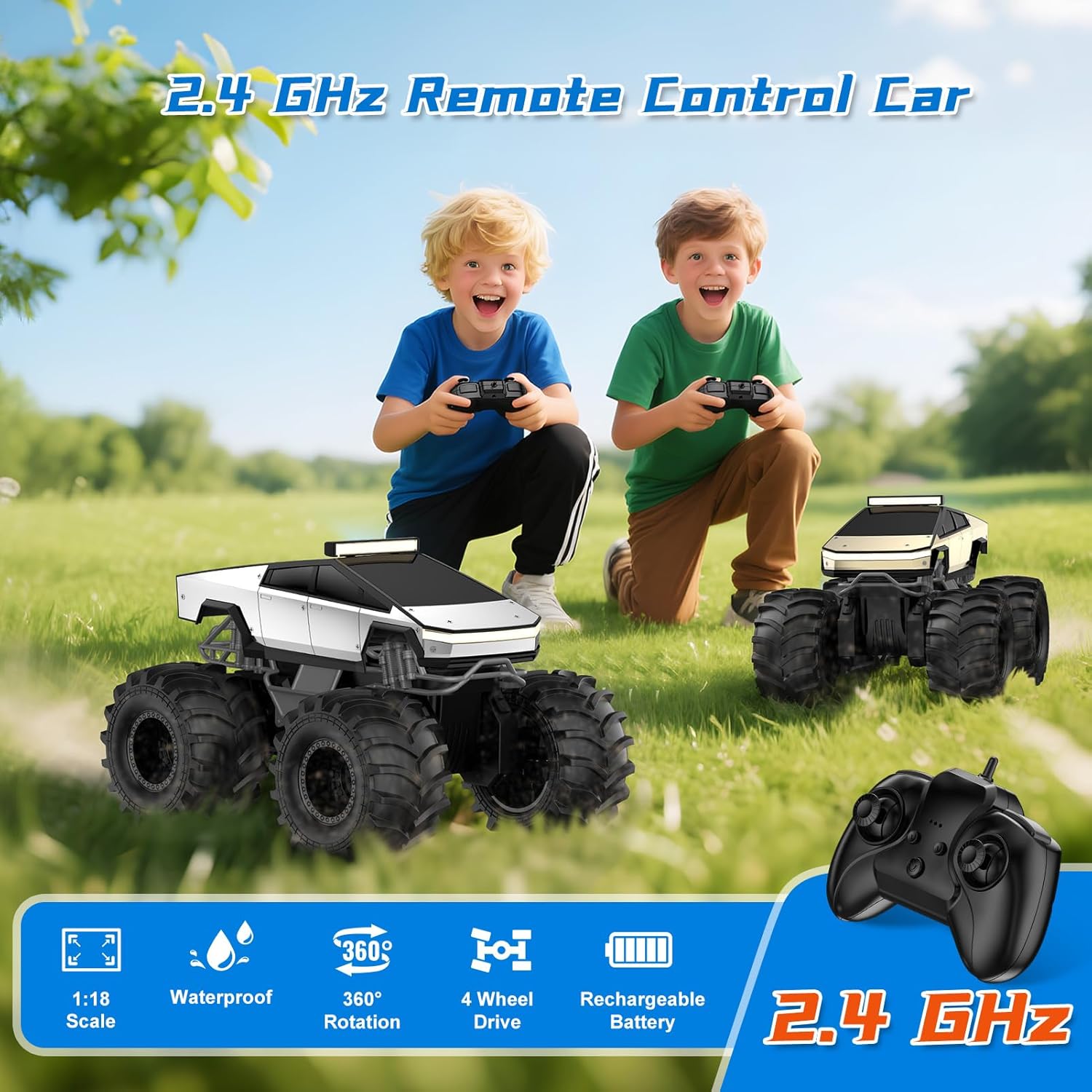 Two children playing outdoors with white 2.4 GHz Aqua Beast RC Trucks, shown with remote controller and features including waterproof design, 360 rotation, four-wheel drive, and rechargeable battery.