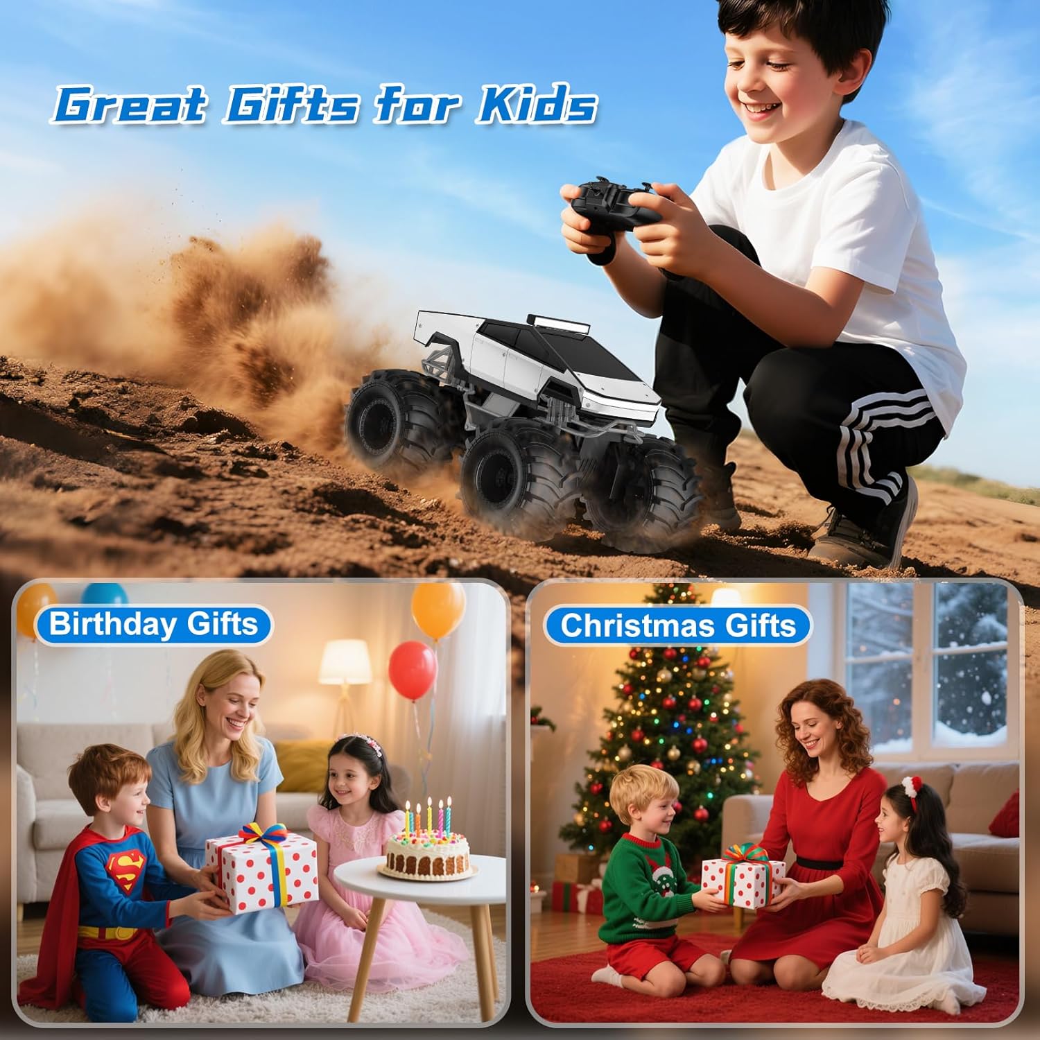 Boy playing with a white RC monster truck in the dirt, with gift-themed panels showing it as a birthday and Christmas present for kids.