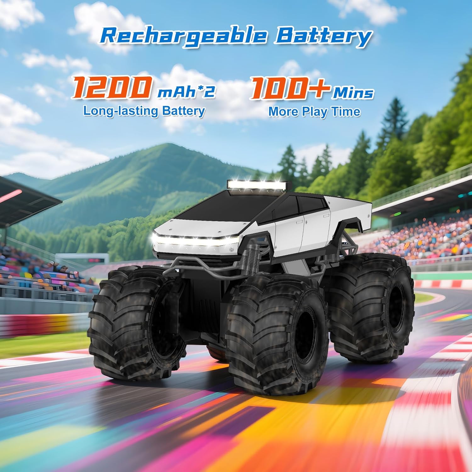 White rechargeable RC monster truck with oversized tires racing on a colorful track, highlighting 1200 mAh battery capacity and 100+ minutes of play time.