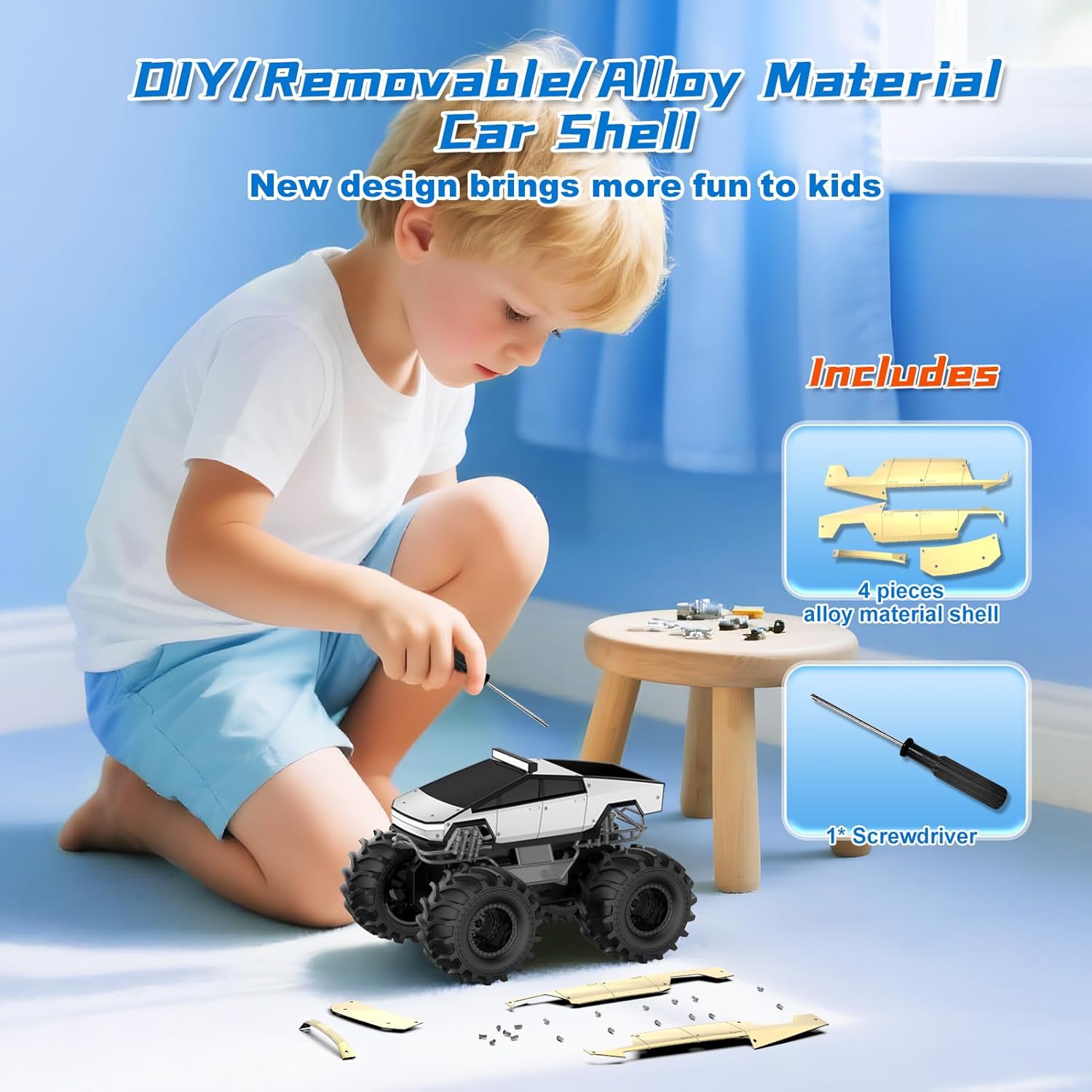 Child using a screwdriver to customize a white RC monster truck with removable alloy car shell pieces and included screwdriver.