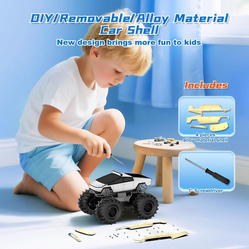 Child using a screwdriver to customize a white RC monster truck with removable alloy car shell pieces and included screwdriver.