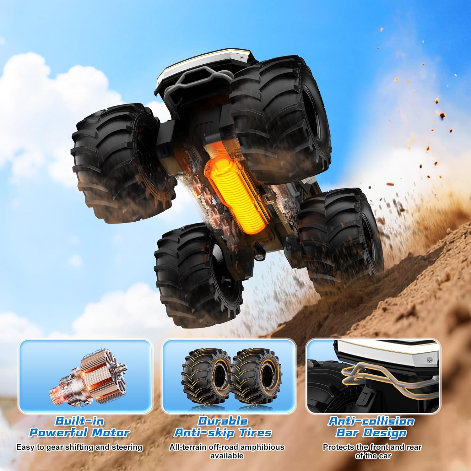 White RC monster truck jumping over dirt with oversized anti-slip tires, powerful motor, glowing underbody light, and anti-collision bar design.