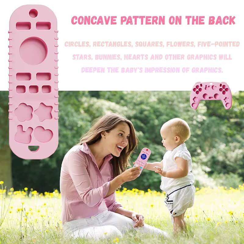 Mother handing a pink silicone teether to her baby. 