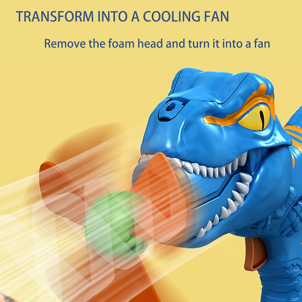 Infographic showcasing the Dino Bubble Gun toy and how, when the foam head is removed, the toy can be used as a cooling fan. 