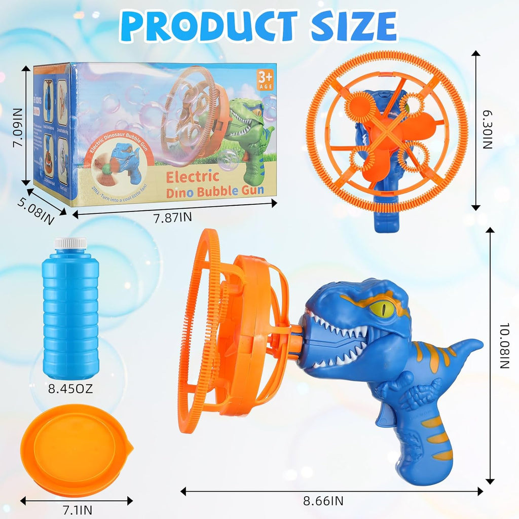 Dimensions of Dino Bubble Gun and all parts that come in the box. 