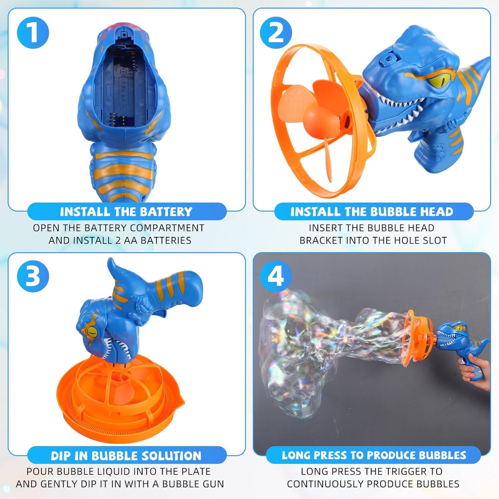 Infographic showing instructions how to install batteries and use the Dino Bubble Gun toy.