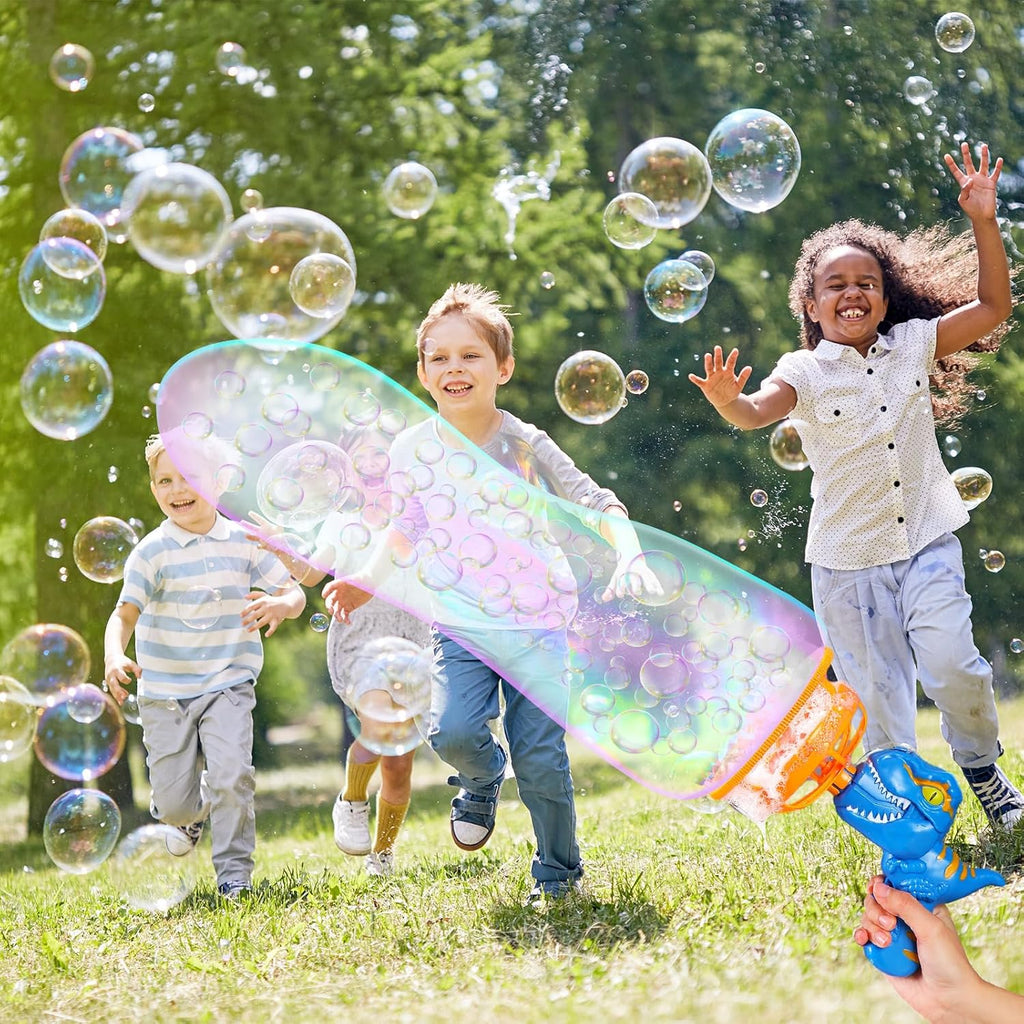 Children playing in the park and running towards multiple bubbles, which are made with Dino Bubble Gun. 