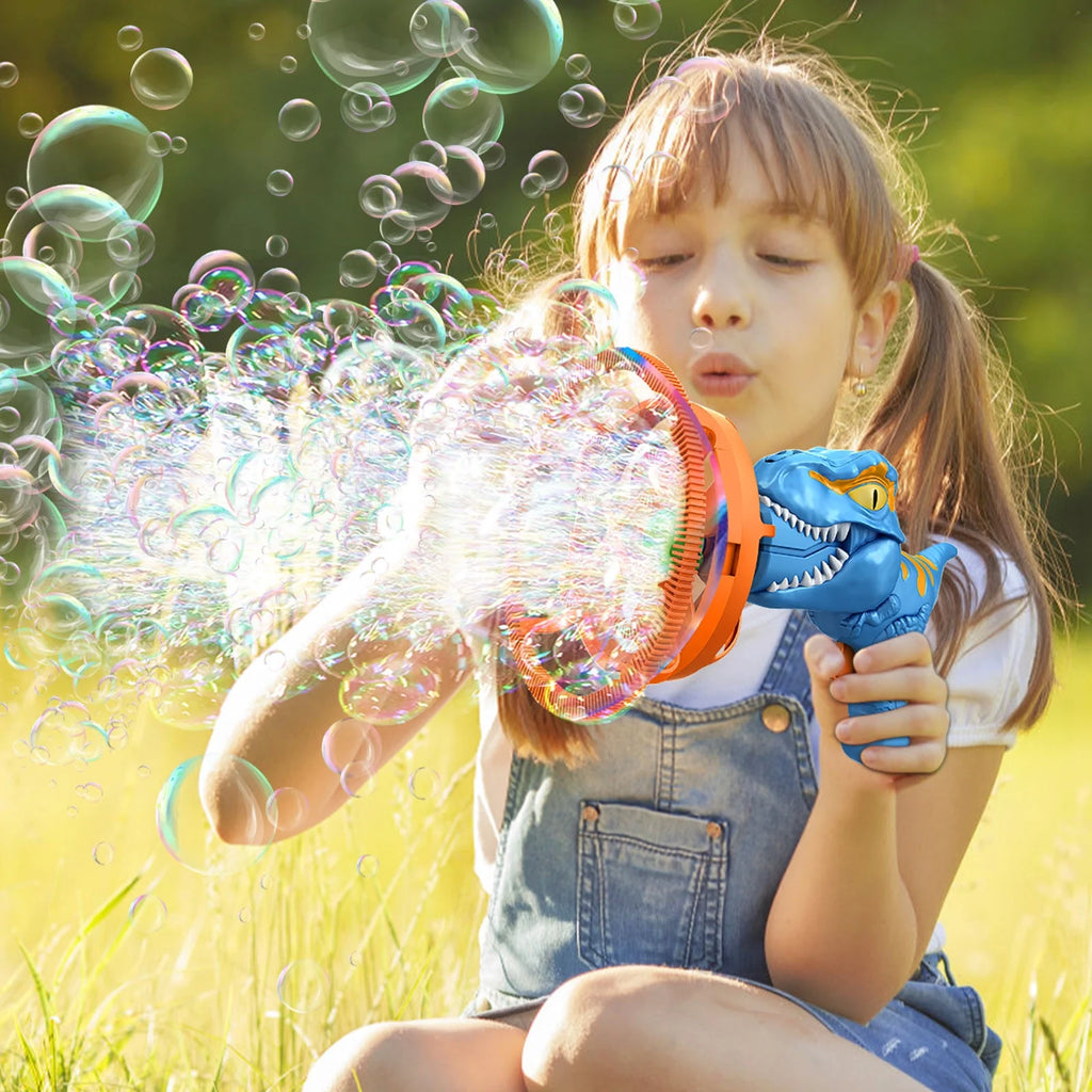 Girl blowing thousands of bubbles from a Dino Bubble Gun.