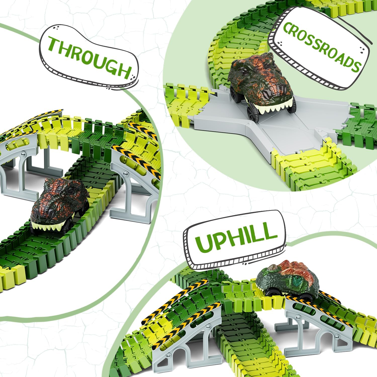 Dinosaur-themed race track set showing three track features: bridge pass-through, four-way crossroads, and uphill ramp with dinosaur cars.