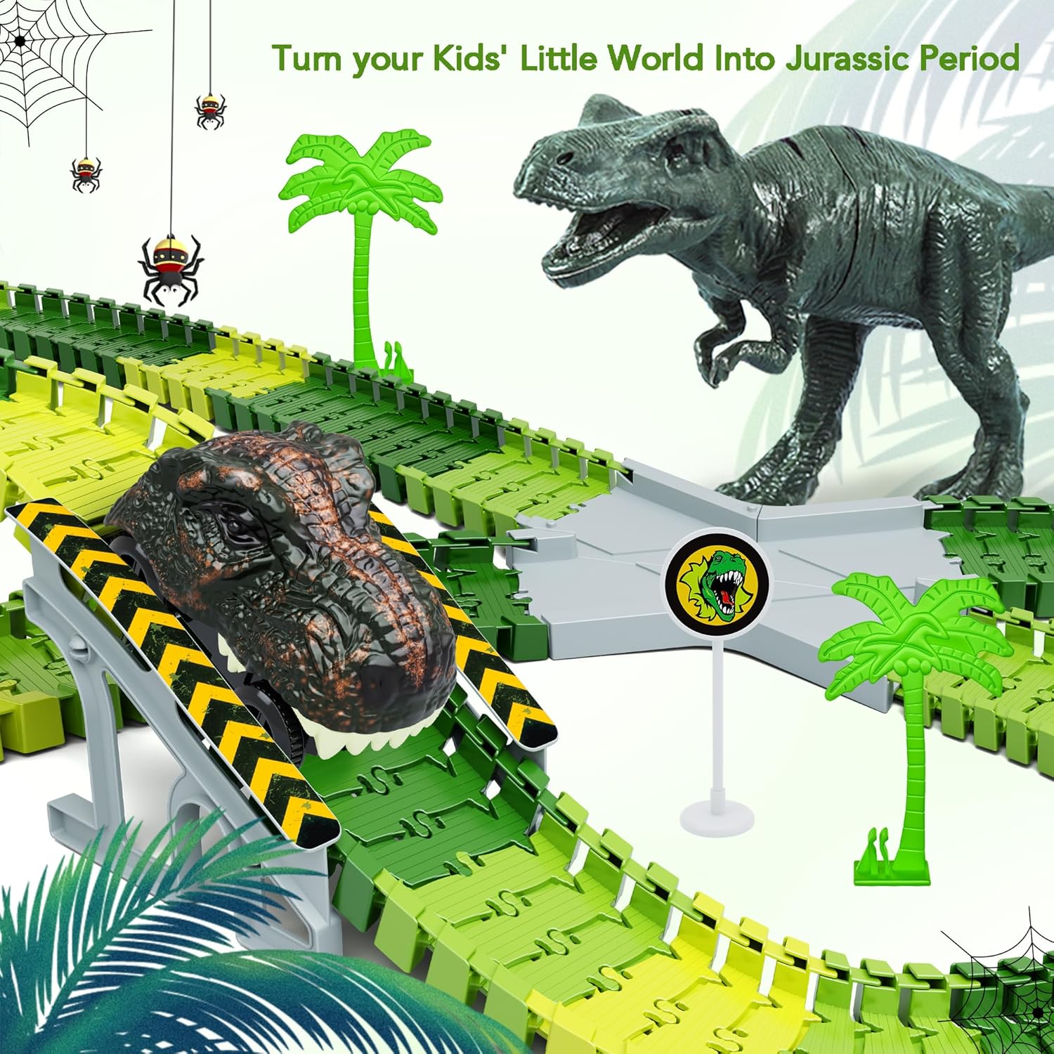 DIY Jurassic Race Track toy with green flexible tracks, ramp bridge, crossroads, palm trees, dinosaur sign, and a T-rex-shaped racing car.
