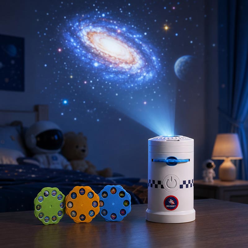 Rocket launcher projector with interchangeable projection discs displaying a galaxy and stars on a bedroom wall, creating an immersive space-themed night light experience.