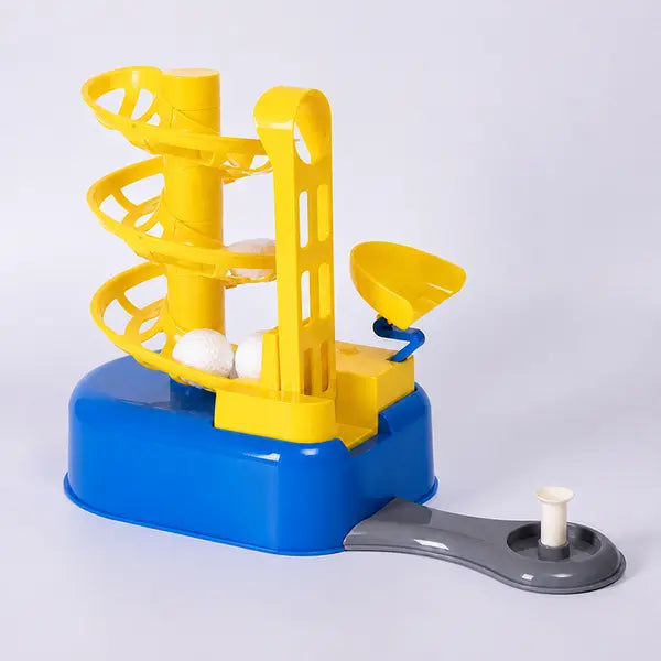 Blue and yellow automatic golf ball pitching toy for children.