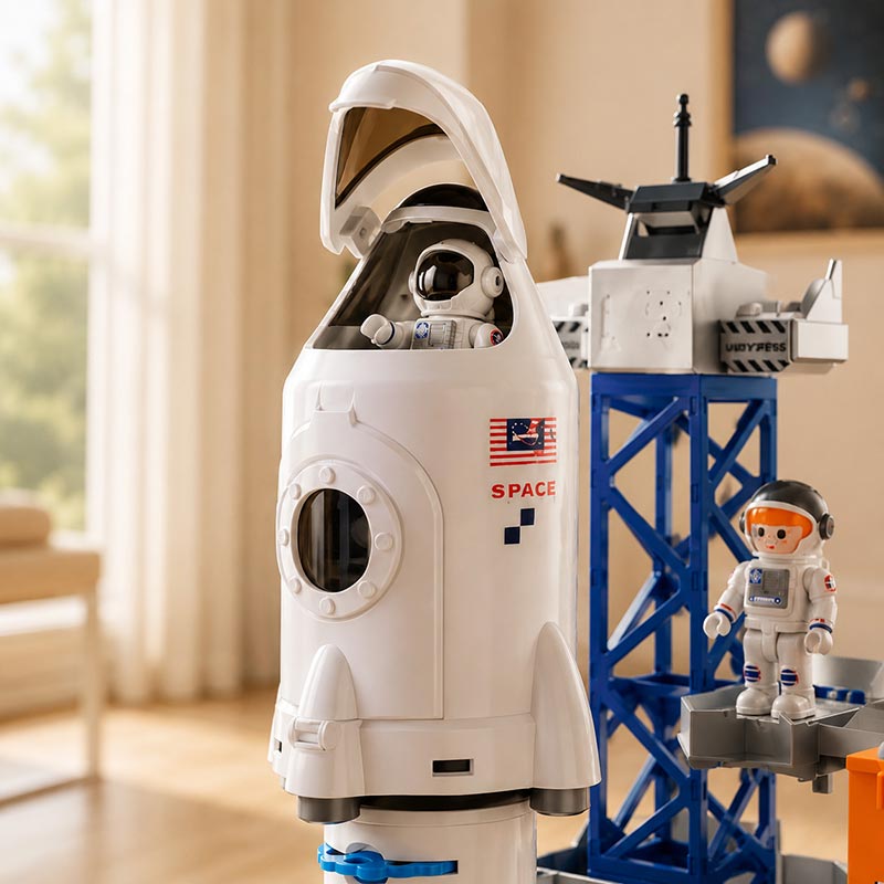 Rocket launcher playset featuring a detailed space rocket with opening cockpit, astronaut figures, and launch tower for imaginative STEM and space exploration play.
