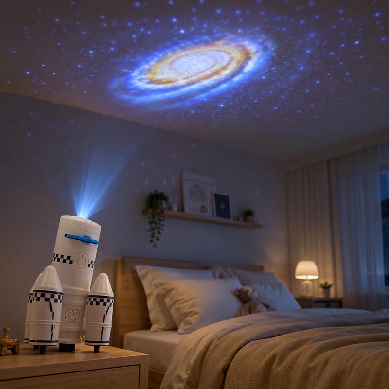 Rocket launcher projector displaying a realistic galaxy and starry night sky across a bedroom ceiling, creating an immersive space-themed night light experience for children's bedtime.