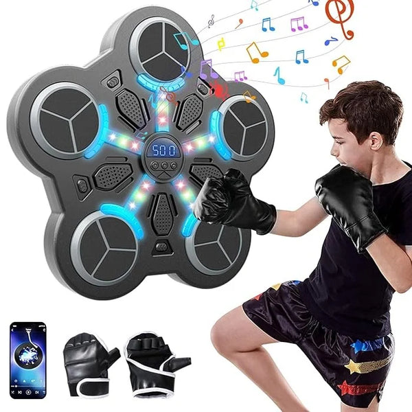 Boy practicing punches on an interactive boxing reflex game with LED light targets, music, digital score display, Bluetooth support, and training gloves included.