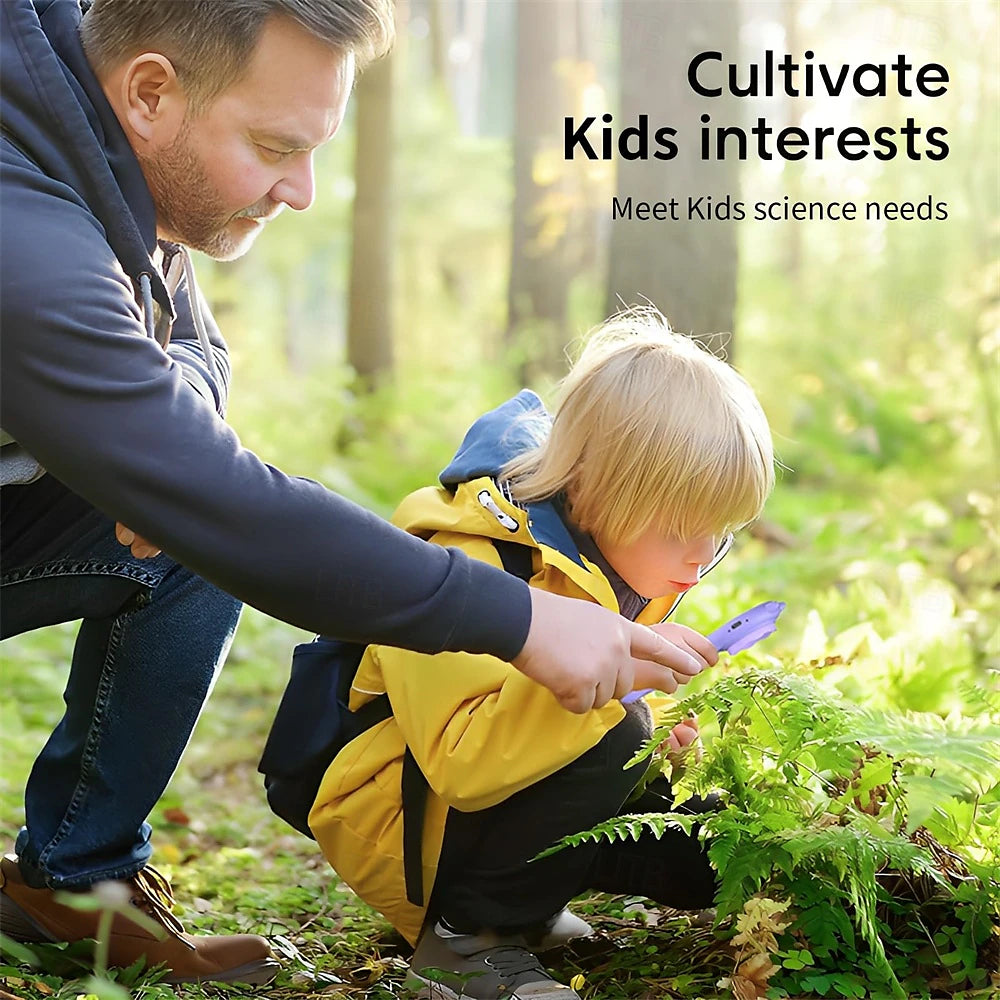 Father and child exploring plants outdoors with a handheld kids digital microscope, encouraging curiosity, science learning, and nature discovery.
