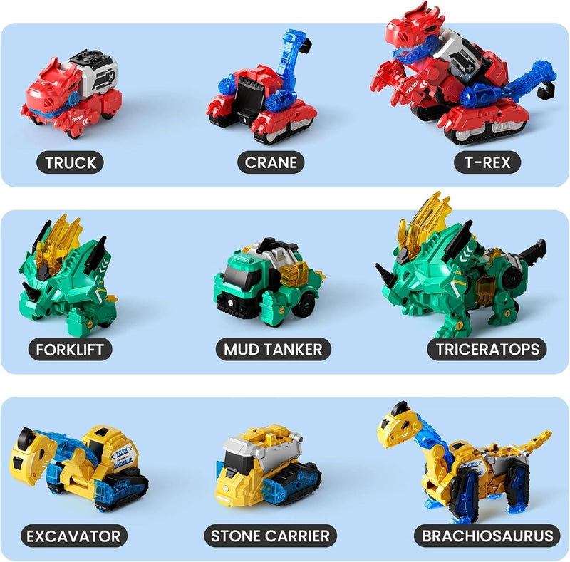 Chart showing nine transforming magnetic toys that convert between construction vehicles and dinosaurs, including truck, crane, T-rex, forklift, mud tanker, triceratops, excavator, stone carrier, and brachiosaurus.
